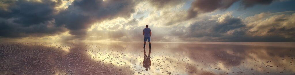 A man stands on expansive reflective salt flats with dramatic clouds at sunset, creating a surreal landscape.